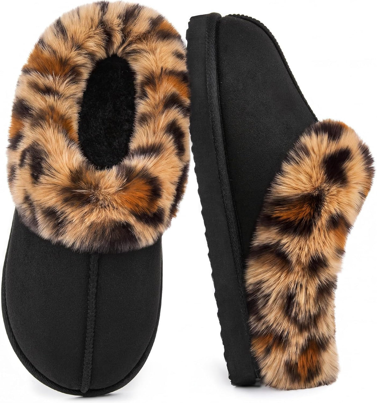 Women's Fuzzy Slip On Clog Slippers in Black Leopard