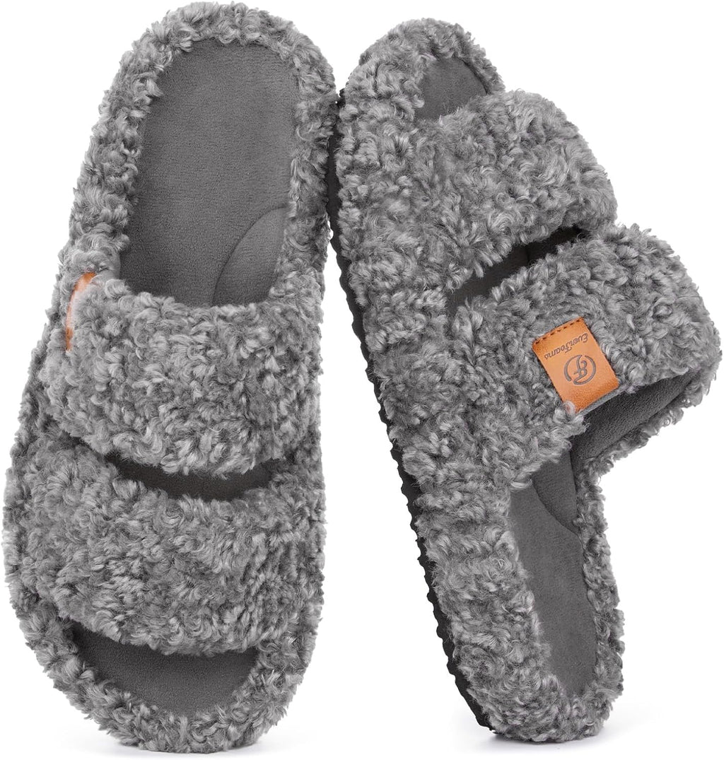 Women's Fuzzy Open Toe Slippers - Memory Foam, Machine Washable, Anti Slip Sole for Indoor and Outdoor Wear - 8